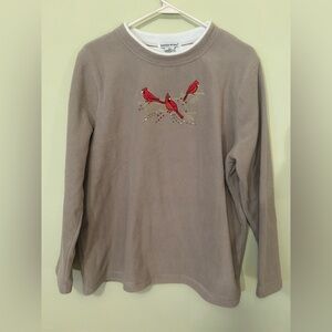 Bonnie Evans Taupe Fleece Crewneck Sweater W/ Embroidered Cardinals